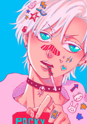 Rule 34 | 1boy, alternate costume, arrow (symbol), bandaid, bandaid on face, bandaid on nose, black choker, bleach, blue background, blue eyes, choker, close-up, colored eyelashes, commentary, contemporary, decora, earrings, english commentary, food, food in mouth, hair ornament, hairclip, highres, hitsugaya toushirou, hoop earrings, jewelry, looking to the side, male focus, nose, open mouth, pocky, pocky in mouth, rabbit ornament, ring, short hair, simple background, solo, star (symbol), star hair ornament, star sticker, sticker on face, stud earrings, teeth, tsurime, upper teeth only, upturned eyes, v-shaped eyebrows, white hair, yshjsw