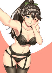 Rule 34 | 10s, 1girl, ;), armpits, bare shoulders, black bra, black hair, black panties, black thighhighs, blue eyes, blush, bow, bow panties, bra, breasts, cleavage, collarbone, cowboy shot, foreshortening, garter belt, garter straps, groin, hair between eyes, hair bow, hair ribbon, hand on own cheek, hand on own face, highres, houshou (kancolle), kantai collection, lace, lace-trimmed bra, lace trim, large breasts, leaning forward, light smile, lingerie, long hair, lowleg, lowleg panties, midriff, navel, one eye closed, outstretched arm, panties, ponytail, reaching, reaching towards viewer, ribbon, selfie, smile, solo, stomach, thigh gap, thighhighs, thighs, two-tone background, underwear, yui sora