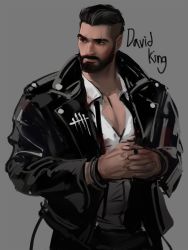 Rule 34 | 1boy, bara, beard, black eyes, black hair, blood, blood on clothes, bracelet, buzz cut, collared jacket, collared shirt, david king (dead by daylight), dead by daylight, dopey (dopq), facial hair, highres, holding hands, jacket, jewelry, leather, leather jacket, looking to the side, male focus, mature male, muscular, muscular male, open clothes, open jacket, pectoral cleavage, pectorals, ring, scar, scar across eye, shirt, short hair, solo, thick eyebrows, upper body, very short hair