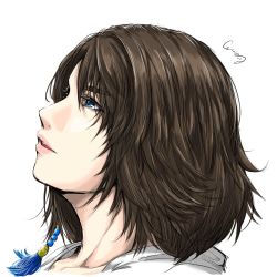 Rule 34 | 1girl, blue eyes, brown hair, crazyrain02, final fantasy, final fantasy x, hair ornament, looking up, medium hair, open mouth, portrait, simple background, solo, white background, yuna (ff10)