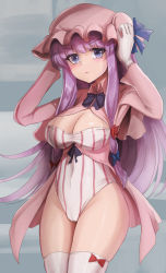 Rule 34 | &gt;:(, 1girl, arms up, blue ribbon, blunt bangs, blush, bow, bow legwear, breasts, cameltoe, capelet, cleft of venus, collar, commentary request, covered navel, dress bow, hands on headwear, hands on own head, hat, hat ribbon, highres, large breasts, leotard, light frown, long sleeves, looking at viewer, mob cap, namiki (remiter00), patchouli knowledge, purple bow, purple eyes, ribbon, robe, solo, striped clothes, striped leotard, thighhighs, thighs, touhou, v-shaped eyebrows, white thighhighs