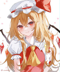 Rule 34 | 1girl, ascot, blonde hair, closed mouth, commentary request, crystal, flandre scarlet, hand up, hat, hat ribbon, highres, long hair, looking at viewer, mob cap, pointy ears, puffy short sleeves, puffy sleeves, red eyes, red nails, red ribbon, red vest, ribbon, shirt, short sleeves, smile, solo, touhou, twitter username, upper body, uzmee, very long hair, vest, white headwear, white shirt, wings, wrist cuffs, yellow ascot