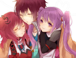 Rule 34 | 1boy, 2girls, asbel lhant, bad id, bad pixiv id, blanket, brown hair, cheria barnes, chidori (@rom), colored eyelashes, eyelashes, closed eyes, girl sandwich, hair ornament, hair ribbon, light smile, long hair, multiple girls, purple eyes, purple hair, red hair, ribbon, sandwiched, short hair, short twintails, sleeping, sophie (tales), tales of (series), tales of graces, twintails, white background