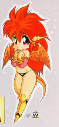 Rule 34 | 1990s (style), 1girl, artist request, black panties, boots, chibi, dragon half, horns, knee boots, mink (dragon half), mita ryuusuke, official art, panties, red eyes, red hair, retro artstyle, solo, source request, tail, underwear, wings