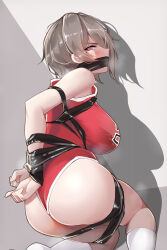Rule 34 | 1girl, alternate costume, arms behind back, ass, bare shoulders, blush, bound, breasts, commentary request, from behind, grey hair, highres, honkai (series), honkai impact 3rd, kneehighs, kneeling, large breasts, leotard, looking at viewer, looking back, mole, mole under eye, pink eyes, red leotard, restrained, rita rossweisse, ruo zhishi chu jian, shadow, short hair, socks, solo, thighs, white socks