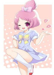 Rule 34 | 1girl, ;3, ;d, bow, dokidoki! precure, hair bow, half updo, heart, kneehighs, one eye closed, open mouth, peacemaker777, personification, pink bow, pink eyes, pink hair, precure, school uniform, sepia background, serafuku, sharuru (dokidoki! precure), sharuru (dokidoki! precure) (human), shoes, short hair, smile, socks, solo, standing, standing on one leg, uwabaki, white socks, wink