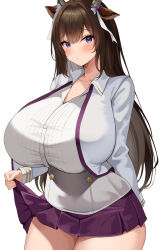 Rule 34 | 1girl, absurdres, animal ears, azur lane, blue eyes, blush, breasts, brown hair, closed mouth, clothes lift, collarbone, cow ears, cow horns, grey shirt, hair ribbon, highres, horns, huge breasts, jacket, kashino (azur lane), long hair, looking at viewer, neneneji, purple skirt, purple trim, ribbon, shirt, simple background, skirt, skirt lift, solo, white background, white jacket