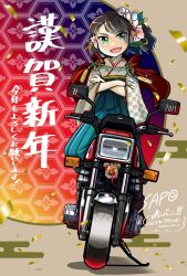 Rule 34 | 1girl, artist name, blue skirt, brown hair, brown kimono, capelet, crossed arms, flower, green eyes, hair flower, hair ornament, hakama, hakama skirt, happy new year, high-waist skirt, highres, japanese clothes, kimono, motor vehicle, motorcycle, new year, open mouth, original, pink flower, red capelet, sapo (saaaapo po), short hair, sitting, skirt, smile, solo, suzuki (company), suzuki gsx750e, vehicle name