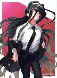 Rule 34 | 1boy, baru (bar 0405), belt, black hair, black jacket, black necktie, black pants, breast pocket, brown hair, charm (object), closed mouth, collared shirt, commentary request, cowboy shot, danganronpa (series), danganronpa 3 (anime), formal, frown, highres, holding, jacket, leaning forward, long hair, long sleeves, looking up, male focus, monokuma, multicolored hair, necktie, off shoulder, pants, pocket, red background, red eyes, shirt, shirt tucked in, short hair, solo, spoilers, standing, sweatdrop, very long hair, white background, white shirt, wing collar