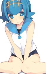 Rule 34 | 1girl, :o, bare shoulders, between legs, blue eyes, blue hair, blue one-piece swimsuit, blue sailor collar, blush, breasts, breasts squeezed together, bright pupils, creatures (company), flipped hair, game freak, hairband, hand between legs, highres, knees together feet apart, lana (pokemon), leaning forward, looking at viewer, matching hair/eyes, nigo (aozoragarou), nintendo, one-piece swimsuit, parted lips, pokemon, pokemon sm, sailor collar, school swimsuit, shirt, short hair, simple background, sitting, sleeveless, sleeveless shirt, small breasts, solo, swimsuit, swimsuit under clothes, trial captain, v arms, white background, white shirt