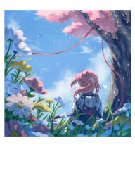 Rule 34 | 1girl, animal hood, blue sky, border, braid, bug, butterfly, cherry blossoms, cloud, cloudy sky, day, facing away, falling petals, field, floating hair, flower, flower field, french braid, grass, grey hoodie, highres, hood, hood down, hoodie, insect, kaf (kamitsubaki studio), kamitsubaki studio, long hair, outdoors, petals, pink flower, pink hair, ponytail, shark hood, single braid, sky, solo, tirudo29, tree, upper body, virtual youtuber, white border, white butterfly, white flower, wind, yellow flower