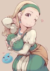 Rule 34 | 1girl, ;), bead necklace, beads, blonde hair, blush, breast hold, breasts, closed mouth, dragon quest, dragon quest xi, dress, earrings, green hairband, hair slicked back, hairband, heart, ibukichi, jewelry, juliet sleeves, long sleeves, looking at viewer, medium breasts, necklace, one eye closed, puffy sleeves, purple eyes, senya (dq11), slime (dragon quest), smile, solo