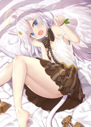 Rule 34 | 1girl, :o, angel wings, animal ear fluff, animal ears, bare legs, barefoot, bed sheet, blue eyes, bow, bowtie, breast slip, breasts, cat ears, cat tail, commentary request, fang, feathered wings, female focus, hair between eyes, hair ornament, hairclip, halo, highres, long hair, looking at viewer, lying, nipples, no bra, on side, one breast out, open mouth, original, paw pose, pillow, polka dot, polka dot bow, shoes, unworn shoes, skirt, small breasts, solo, star (symbol), star in eye, strap slip, symbol in eye, tail, two side up, wings, yano mitsuki (nanairo)