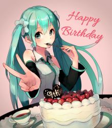 Rule 34 | 1girl, aqua eyes, aqua hair, aqua necktie, bad id, bad pixiv id, bare shoulders, blueberry, breasts, cake, candy, chocolate, chocolate heart, collared shirt, cup, detached sleeves, english text, eyebrows, food, fruit, grey shirt, hair between eyes, hair ornament, hair scrunchie, happy birthday, hatsune miku, head tilt, heart, holding, holding spoon, long hair, looking at viewer, mouth hold, musical note, necktie, pink background, quaver, rjngo, saucer, scrunchie, shirt, sleeveless, sleeveless shirt, small breasts, solo, spoon, strawberry, teacup, twintails, upper body, v, very long hair, vocaloid, wing collar