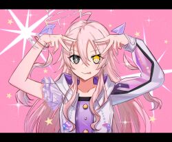 Rule 34 | 1girl, :p, absurdres, aoki shizumi, arms up, bracelet, closed mouth, d4dj, grey eyes, hair between eyes, heterochromia, highres, ichihoshi lumina, jewelry, pink hair, solo, star (symbol), star in eye, symbol in eye, tongue, tongue out, v, yellow eyes