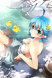 Rule 34 | 1girl, ahoge, alternate hairstyle, antenna hair, aqua hair, bare shoulders, barefoot, bath, bathing, bird, blue eyes, blue hair, blurry, blush, breasts, bucket, changyou, cleavage, covering privates, depth of field, duck, flipped hair, from above, fur trim, gart, hair ornament, hand on own chest, holding, looking at viewer, looking back, matching hair/eyes, mca (dessert candy), naked towel, nude cover, onsen, outdoors, parted lips, partially submerged, reclining, rock, rubber duck, scrunchie, short hair, short twintails, sideboob, sitting, snow, snowflakes, solo, star (symbol), star hair ornament, sword girls, thigh gap, towel, twintails, water, wooden bucket