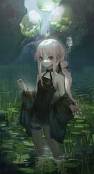 Rule 34 | 1girl, bare shoulders, black nails, black ribbon, black shirt, black shorts, blouse, blush, breasts, collarbone, day, es-ther, feet out of frame, hair ribbon, halterneck, hand up, highres, holding, holding plant, jacket, lily pad, long hair, long sleeves, looking at viewer, nail polish, o3o, off shoulder, open clothes, open jacket, original, outdoors, partially undressed, pink hair, plant, ponytail, red eyes, ribbon, river, see-through, see-through sleeves, shaded face, shirt, shorts, sidelocks, sleeveless, sleeveless shirt, small breasts, solo, sunlight, thigh strap, wading, water