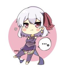 Rule 34 | ..., 1girl, :t, anger vein, artist name, bare shoulders, barefoot, blush stickers, bow, chibi, closed mouth, commentary request, crossed arms, detached sleeves, dress, earrings, fate/grand order, fate (series), full body, hair between eyes, hair bow, jewelry, kama (fate), kama (first ascension) (fate), long sleeves, navel, pink background, popo (popopuri), pout, purple dress, purple legwear, purple skirt, purple sleeves, red bow, red eyes, see-through, signature, silver hair, skirt, sleeveless, sleeveless dress, solo, spoken ellipsis, standing, standing on one leg, two-tone background, white background