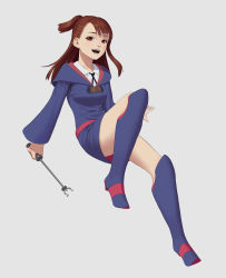 Rule 34 | 10s, 1girl, breasts, brown hair, carlo montie, collared shirt, dress, full body, happy, highres, holding, holding wand, kagari atsuko, kneehighs, little witch academia, long hair, long sleeves, looking at viewer, medium breasts, open mouth, parted lips, purple dress, shirt, socks, solo, teeth, wand, white shirt, witch