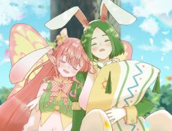 1boy 1girl animal_ears closed_eyes commentary cropped_shirt detached_sleeves facing_viewer fairy fairy_wings fake_animal_ears fire_emblem fire_emblem:_three_houses fire_emblem_heroes gloves green_hair heppokop_61 highres linhardt_von_hevring linhardt_von_hevring_(spring) long_hair long_sleeves mirabilis_(fire_emblem) mirabilis_(spring)_(fire_emblem) navel nintendo official_alternate_costume open_mouth parted_bangs petals pillow pink_hair rabbit_ears short_hair sleeping symbol-only_commentary tree very_long_hair white_gloves wings