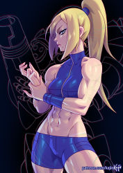 Rule 34 | 1girl, abs, arm cannon, artist name, biceps, blonde hair, breasts, commentary, dark background, english commentary, holding own wrist, kajin (kajinman), looking at viewer, metroid, metroid fusion, mole, mole under mouth, muscular, muscular female, navel, nintendo, patreon username, ponytail, samus aran, serious, short shorts, shorts, sideboob, silhouette, sleeveless, solo, stomach, watermark, weapon, web address, wristband