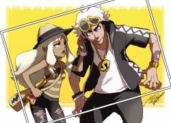 Rule 34 | 1boy, 1girl, arm tattoo, bag, black pants, creatures (company), dark-skinned female, dark skin, expressive clothes, eyewear on head, game freak, grabbing another&#039;s ear, guzma (pokemon), half-closed eyes, hand on another&#039;s ear, hand on own hip, hand up, handbag, hat, isamu-ki (yuuki), long hair, looking at another, nintendo, open mouth, pants, parted bangs, pink eyes, pokemon, pokemon sm, selene (pokemon), single tear, striped, striped tank top, sunglasses, tank top, tattoo, teeth, torn clothes, torn pants, watch, white hair, wristwatch, z-ring