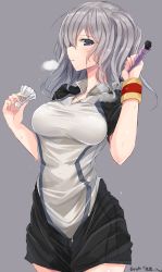 Rule 34 | 10s, 1girl, alternate hairstyle, artist name, badminton, badminton racket, blue eyes, breasts, breath, flying sweatdrops, grey background, grey shirt, highres, kantai collection, kashima (kancolle), large breasts, looking at viewer, nao (qqqbb), parted lips, profile, racket, shirt, short hair, short sleeves, silver hair, simple background, solo, sportswear, standing, sweatband, sweatdrop, thigh gap