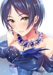 Rule 34 | 1girl, bad id, bad pixiv id, blue hair, breasts, cleavage, earrings, elbow gloves, gloves, grey gloves, gu li, hayami kanade, idolmaster, idolmaster cinderella girls, jewelry, looking at viewer, medium breasts, necklace, parted bangs, parted lips, pretty liar (idolmaster), print gloves, short hair, smile, solo, strapless, upper body, yellow eyes