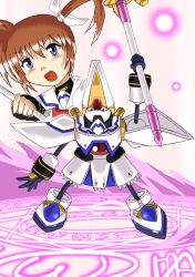 Rule 34 | &gt;:d, 00s, 1girl, :d, armor, blue eyes, brown hair, face, full body, hair ribbon, holding, holding weapon, kisaragi ivi17, lyrical nanoha, magic circle, mahou shoujo lyrical nanoha, mahou shoujo lyrical nanoha strikers, open mouth, polearm, raising heart, ribbon, robot, rod, smile, staff, standing, takamachi nanoha, twintails, v-shaped eyebrows, weapon