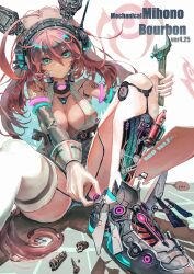 Rule 34 | 1girl, absurdres, ahoge, android, animal ears, aqua eyes, bare shoulders, breasts, brown hair, cable, character name, cleavage, closed mouth, detached sleeves, fake animal ears, gears, headphones, highres, holding, holding wrench, horse girl, horse tail, leotard, long hair, mecha musume, medium breasts, mihono bourbon (umamusume), pokepoke (usdg7842), screw, sitting, solo, tail, thighhighs, umamusume, white leotard, white thighhighs, wrench
