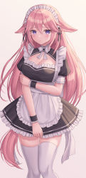Rule 34 | 1girl, absurdres, alternate costume, apron, black dress, black ribbon, blush, breasts, cleavage cutout, clothing cutout, dress, enmaided, frilled apron, frills, genshin impact, hair between eyes, hair ribbon, hand on own arm, highres, large breasts, long hair, looking at viewer, maid, maid headdress, petticoat, pink hair, puffy short sleeves, puffy sleeves, purple eyes, ribbon, seungju lee, short sleeves, simple background, solo, thighhighs, thighs, very long hair, white apron, white thighhighs, wrist cuffs, yae miko