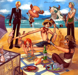 Rule 34 | 1girl, 4boys, beach, black hair, blonde hair, blue sky, bottle, cigarette, cloud, copyright name, cow, fish, food, green hair, hat, ice cream, map, meat, mohmoo, monkey d. luffy, monster, multiple boys, nami (one piece), nose piercing, nose ring, ocean, one piece, orange hair, outdoors, overalls, roronoa zoro, sanji (one piece), sea monster, shorts, sky, smoking, straw hat, swimsuit, tony tony chopper, topfreedom, topless, usopp