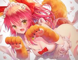 Rule 34 | 1girl, animal ear fluff, animal ears, animal hands, apron, arched back, ass, bell, blush, bow, breasts, brown eyes, cleavage, collar, commentary request, fang, fate/grand order, fate (series), fox ears, fox girl, fox hair ornament, fox tail, gloves, gradient background, grey background, hair between eyes, hair bow, hands up, jingle bell, kuro futoshi, large breasts, leaning forward, long hair, looking at viewer, maid apron, maid headdress, naked apron, neck bell, open mouth, paw gloves, petals, pink hair, red bow, red collar, solo, tail, tamamo (fate), tamamo cat (fate), tamamo cat (third ascension) (fate), white apron, white background