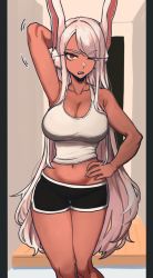 Rule 34 | 1girl, absurdres, animal ears, arm behind head, armpits, bare arms, bare legs, black shorts, boku no hero academia, breasts, cleavage, collarbone, commentary, cowboy shot, dark-skinned female, dark skin, dolphin shorts, doorway, hair over one eye, hand on own hip, highres, large breasts, long eyelashes, long hair, looking at viewer, lounge, masgamjya, midriff, mirko, navel, one eye closed, parted lips, rabbit ears, rabbit girl, red eyes, short shorts, shorts, solo, tank top, teeth, thighs, toned, upper teeth only, very long hair, white hair, white tank top