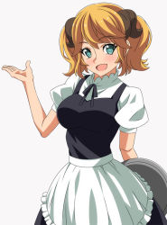 Rule 34 | 10s, 1girl, aletta, apron, blonde hair, blush, green eyes, horns, isekai shokudou, looking at viewer, open mouth, ra-pen, short hair, smile, solo, tray, twintails, waitress