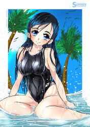 Rule 34 | 1girl, beach, black one-piece swimsuit, blue eyes, border, breasts, coconut tree, collarbone, competition swimsuit, futari wa precure, hair ornament, hairclip, highres, large breasts, long hair, looking at viewer, one-piece swimsuit, outdoors, palm tree, precure, sand, sitting, smile, swimsuit, takaishi fuu, tree, wariza, water, wet, wet clothes, wet swimsuit, yukishiro honoka