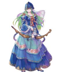 Rule 34 | 1girl, armor, blue footwear, bow (weapon), breasts, collarbone, detached sleeves, dress, fire emblem, fire emblem: path of radiance, fire emblem heroes, frills, full body, green hair, haccan, helmet, highres, holding, holding bow (weapon), holding weapon, long hair, medium breasts, nephenee, nintendo, non-web source, official art, puffy sleeves, shoes, solo, standing, transparent background, veil, weapon, wide sleeves