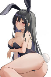 Rule 34 | 1girl, absurdres, animal ears, ass, bare arms, bare legs, bare shoulders, black hair, black leotard, breast hold, breasts, cleavage, collarbone, commission, fake animal ears, fake tail, hair ornament, hairband, highres, kiro (kirotayu), large breasts, leotard, long hair, looking at viewer, original, parted lips, playboy bunny, rabbit ears, rabbit tail, raised eyebrow, red eyes, sidelocks, simple background, sitting, solo, strapless, strapless leotard, tail, thighs, white background, yokozuwari