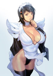 Rule 34 | 1girl, black eyes, black hair, black thighhighs, breasts, choker, cleavage, highres, homare (fool&#039;s art), iroha (samurai spirits), large breasts, maid, maid day, maid headdress, samurai spirits, short hair, simple background, solo, thighhighs, white background