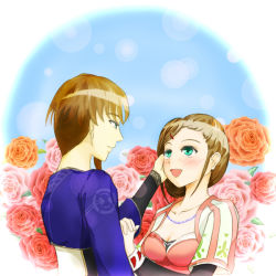 Rule 34 | 1boy, 1girl, aqua eyes, blush, breasts, brother and sister, brown hair, coat, driselle k. sharil, flower, jewelry, klein schall, long hair, necklace, open mouth, rose, short hair, siblings, tales of (series), tales of xillia