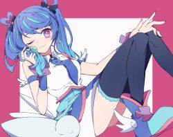 Rule 34 | 1girl, armband, black bow, black thighhighs, blue angel, blue footwear, blue hair, blue necktie, bow, bright pupils, closed mouth, collared dress, commentary, dress, earrings, facial tattoo, green hair, hair bow, heart, heart earrings, heart hair, highres, holding, holding hair, jewelry, leaning back, long hair, looking at viewer, multicolored hair, nanashiba (banntlla), necktie, one eye closed, purple eyes, shoes, short dress, sitting, sleeveless, sleeveless dress, smile, solo, streaked hair, tattoo, thighhighs, white dress, white pupils, winged footwear, wristband, yu-gi-oh!, yu-gi-oh! vrains, yuu-gi-ou, yuu-gi-ou vrains, zaizen aoi