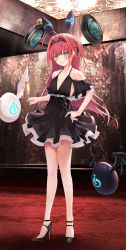 Rule 34 | 1girl, ahoge, bare shoulders, black dress, black footwear, black hairband, black ribbon, blue eyes, blush, clothing cutout, commentary request, dress, eyebrows hidden by hair, full body, grin, hair ribbon, hairband, headgear, high heels, highres, indoors, lishenna omen of destruction, long hair, looking at viewer, pleated dress, power symbol, red hair, ribbon, ru zhai, shadowverse, shoes, shoulder cutout, smile, solo, standing, two side up, very long hair