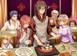 Rule 34 | 2girls, 5boys, alexander (fate), alternate hairstyle, apron, archer (fate), artoria pendragon (all), artoria pendragon (fate), blonde hair, blush, bow, braid, brown eyes, brown hair, casual, chopsticks, cooking, cu chulainn (fate), cu chulainn (fate/stay night), dumpling, eating, fate/grand order, fate/stay night, fate/zero, fate (series), food, frown, gilles de rais (caster) (fate), glasses, hair bow, highres, jeanne d&#039;arc (fate), jeanne d&#039;arc (ruler) (fate), jiaozi, lalatia-meai, long hair, lord el-melloi ii, multiple boys, multiple girls, ponytail, purple eyes, red eyes, red hair, saber (fate), sidelocks, single braid, squiggle, sweater vest, waver velvet