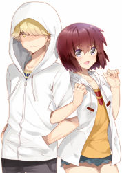 Rule 34 | 1boy, 1girl, :d, blonde hair, blush, brown hair, collarbone, couple, cowboy shot, finger marks, green eyes, hair over one eye, hands in pockets, hood, hoodie, kaburagi sui, locked arms, matching outfits, nishio rina, ootani mikoto, open mouth, shaded face, short hair, shorts, simple background, smile, soukyuu no fafner, white background, yellow eyes