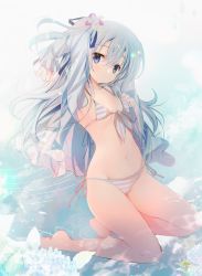 Rule 34 | 1girl, arm up, bare legs, barefoot, bikini, blue eyes, blue ribbon, breasts, commentary, flower, front-tie bikini top, front-tie top, full body, grey hair, groin, hair between eyes, hair flower, hair ornament, hair ribbon, kneeling, long hair, long sleeves, navel, original, pink flower, ribbon, ripples, see-through, shirogane hina, side-tie bikini bottom, sleeves past wrists, small breasts, solo, striped bikini, striped clothes, swimsuit, symbol-only commentary, very long hair, water, white flower