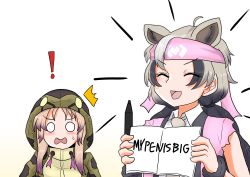 Rule 34 | !, 2girls, absurdres, african rock python (kemono friends), animal ears, bear ears, bear girl, blush, clueless, commentary, drawstring, english text, extra ears, ezo brown bear (kemono friends), fur bracelet, headband, highres, hood, hood up, jacket, kemono friends, multicolored hair, multiple girls, print jacket, sexually suggestive, shinkaisoku, snake print, surprised, torn clothes, torn sleeves, wide-eyed