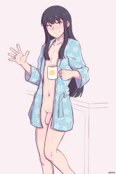 Rule 34 | 1boy, black eyes, black hair, blunt bangs, blunt ends, blush, coffee mug, collarbone, cup, dross, flaccid, foreskin, highres, holding, holding cup, jewelry, long hair, looking at viewer, male focus, married, mug, navel, open clothes, original, penis, ring, robe, smile, solo, trap, waving, wedding ring
