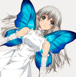 Rule 34 | 1girl, bad id, bad pixiv id, bare shoulders, braid, butterfly wings, dress, elbow gloves, gloves, grey background, grey eyes, insect wings, long hair, looking at viewer, misteor, original, silver hair, simple background, sleeveless, sleeveless dress, solo, very long hair, white dress, white gloves, wings