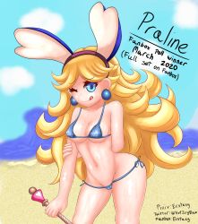 Rule 34 | 1girl, absurdres, animal ears, beach, bikini, colored eyelashes, blonde hair, blue bikini, blue eyes, bravely default: flying fairy, bravely default (series), breasts, rabbit ears, cowboy shot, curly hair, earrings, ecstasy (icyblue), covered erect nipples, highres, jewelry, licking lips, long hair, lowleg, lowleg bikini, medium breasts, microphone, naughty face, navel, nipples, ocean, one eye closed, praline a la mode, smile, stomach, sweat, swimsuit, thick thighs, thighs, tongue, tongue out, very long hair, water, wet, wide hips, wink