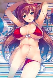 Rule 34 | 1girl, :d, arms up, ball, beach, beachball, bikini, blue eyes, blush, breasts, brown hair, cleavage, collarbone, covered erect nipples, female focus, highres, large breasts, long hair, looking at viewer, lying, navel, on back, open mouth, original, red bikini, smile, solo, swimsuit, tomose shunsaku, towel, twintails, underboob